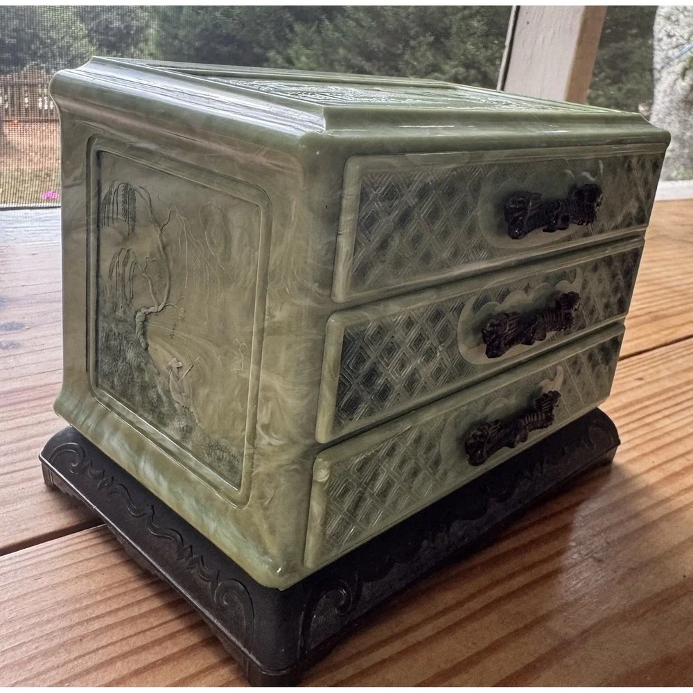 Vintage Faux Jade Chinoiserie Jewelry Box | 3-Drawer‎ Dragon Pulls | Mid Century